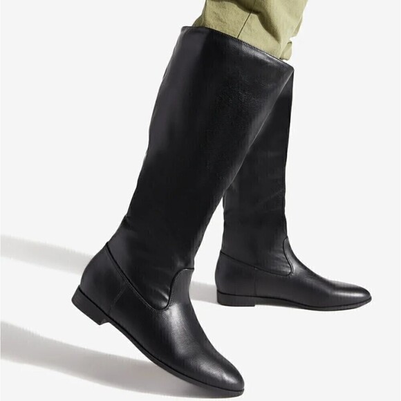 New! Faux Leather Tall Pointed Toe Knee High Black Riding Boots - Picture 1 of 13